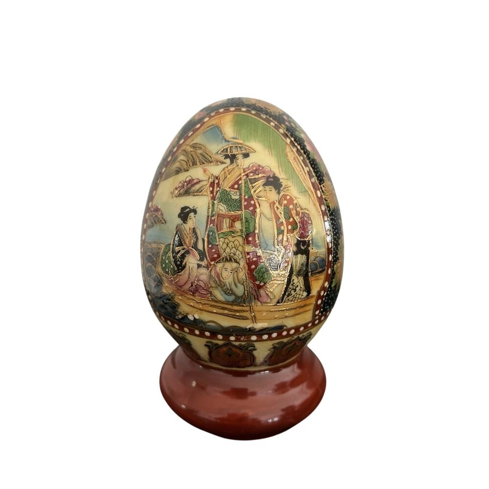 Vtg Satsuma Egg Japanese Porcelain Ceramic Hand Painted Geisha Floral Asian Gold